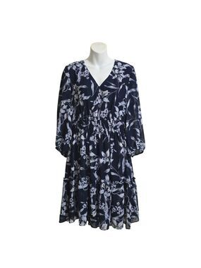 Just...Taylor Navy Floral Ruffled V-Neck Chiffon Smocked A-Line Mini Dress Sz 14